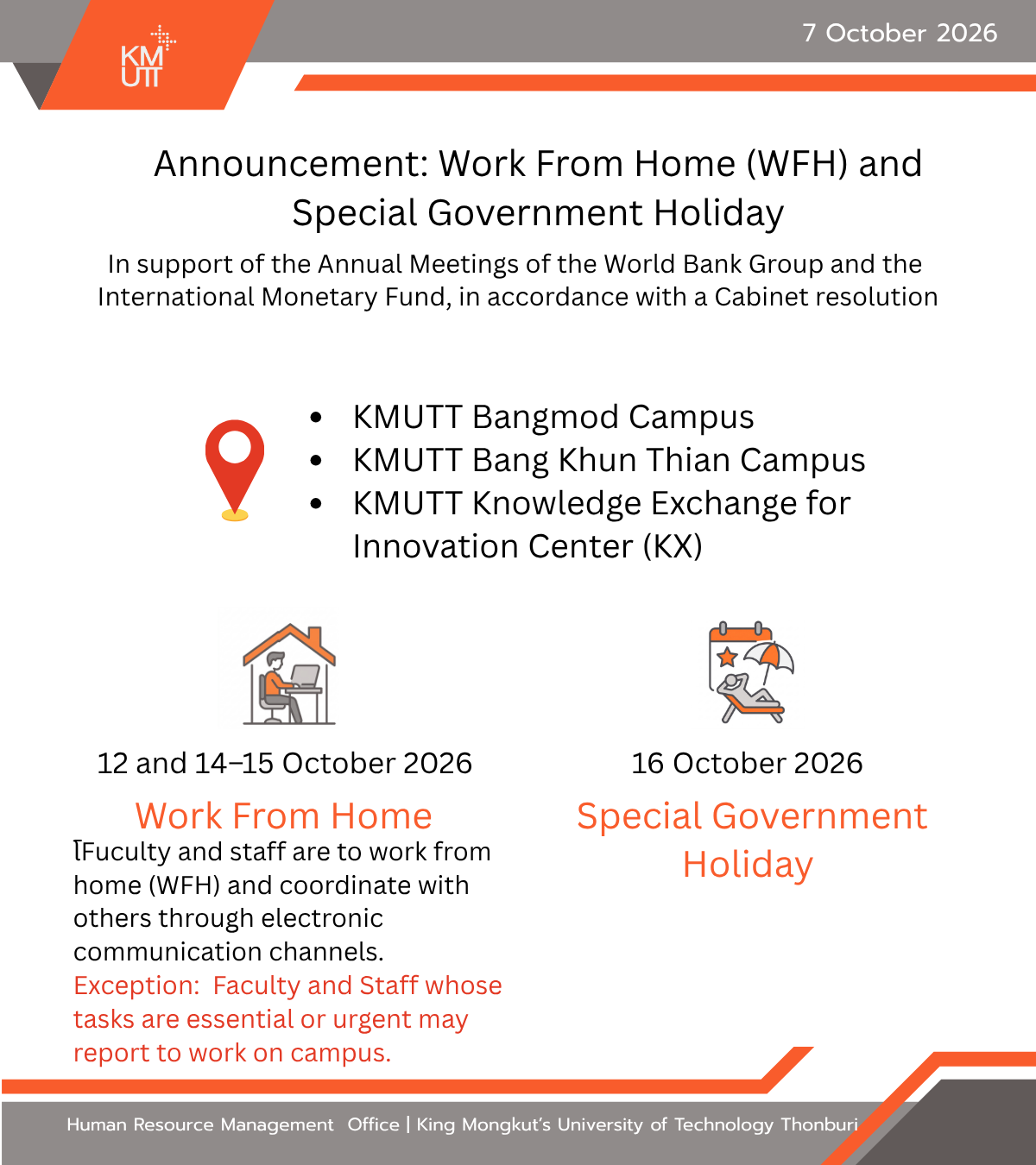 KMUTT announcement on work from home and a special government holiday in October 2026